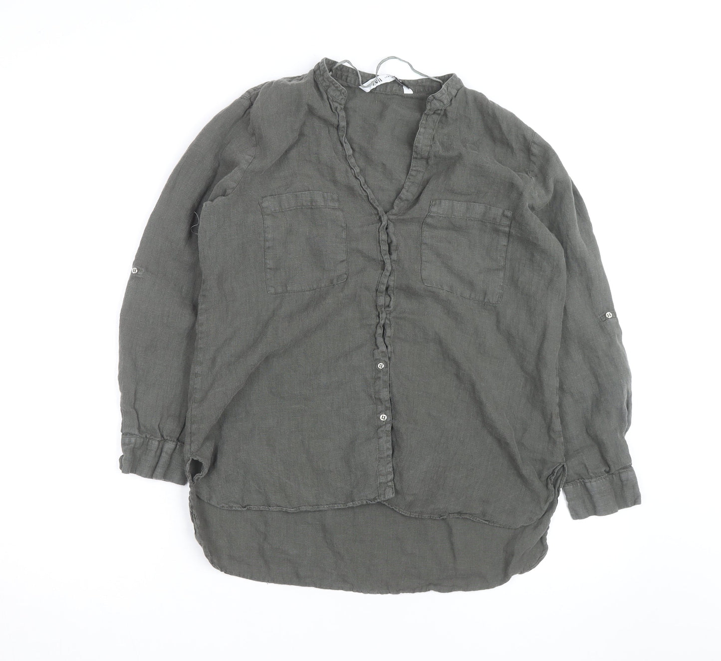 Zara Womens Grey Linen Tunic Blouse Size M Long Sleeve Casual Top