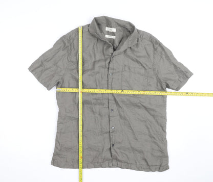 Marks and Spencer Men's Grey Pure Linen Short Sleeve Button-Up Shirt M