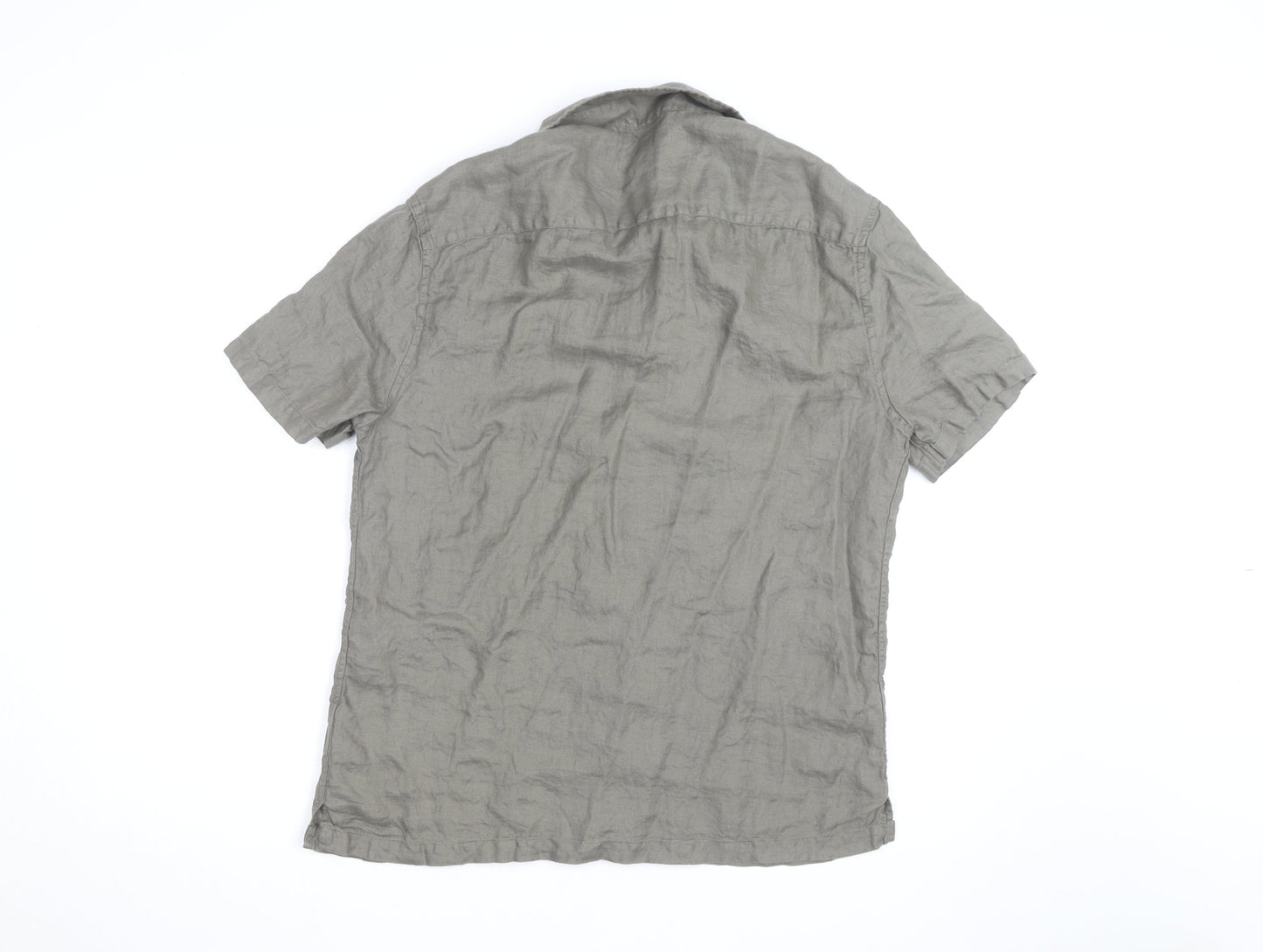 Marks and Spencer Men's Grey Pure Linen Short Sleeve Button-Up Shirt M