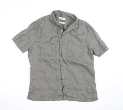 Marks and Spencer Men's Grey Linen Short Sleeve Button-Up Shirt M