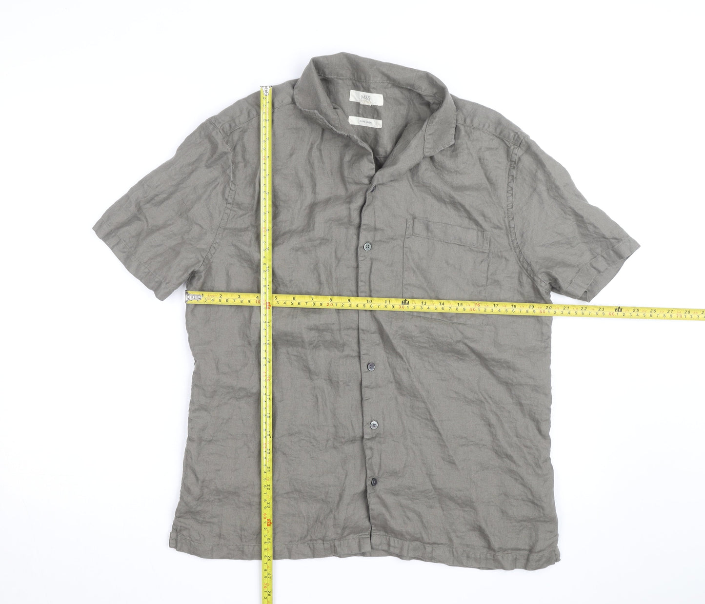 Marks and Spencer Men's Grey Linen Short Sleeve Button-Up Shirt M