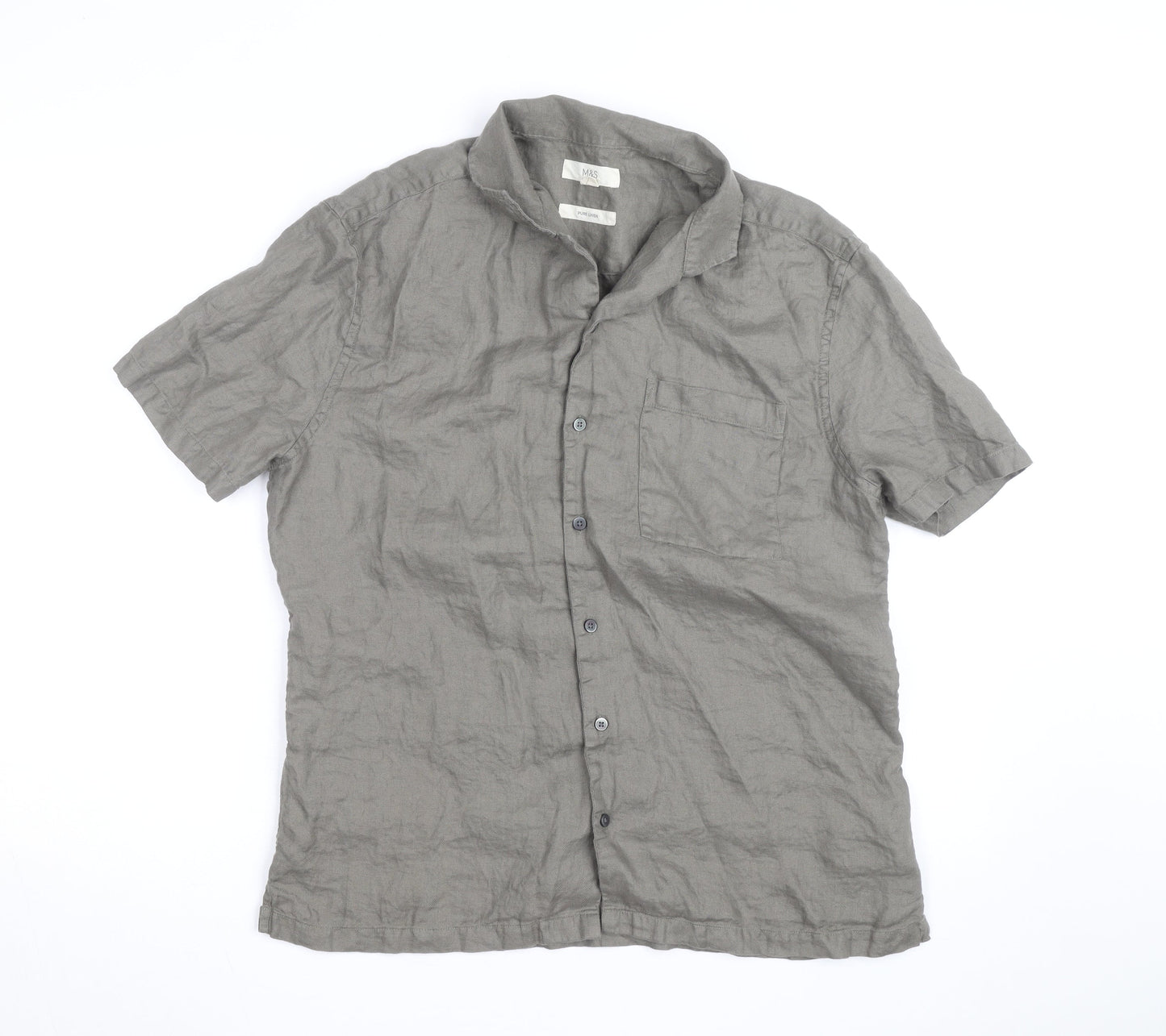 Marks and Spencer Men's Grey Linen Short Sleeve Button-Up Shirt M