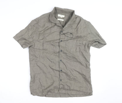Marks and Spencer Men's Grey Linen Short Sleeve Button-Up Shirt S