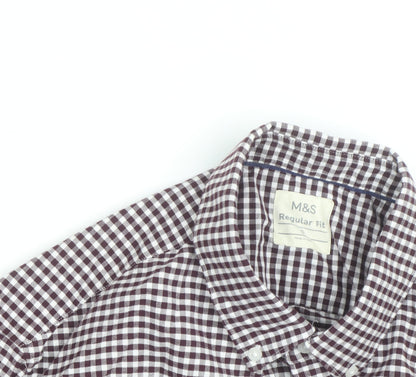 Marks and Spencer Men's Brown Check Regular Fit Long Sleeve Cotton Shirt Size M