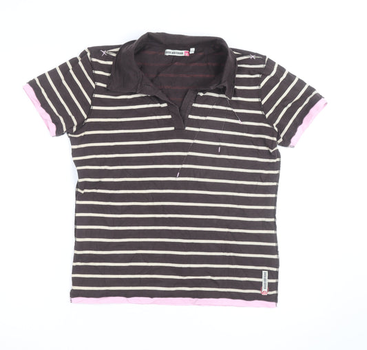 Duck and Cover Women's Brown Striped Polo Shirt L Cotton Blend