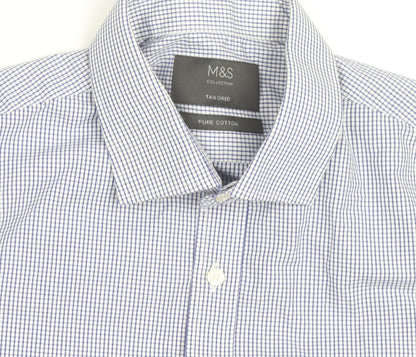 Marks and Spencer Men's Blue Check Tailored Cotton Long Sleeve Shirt M