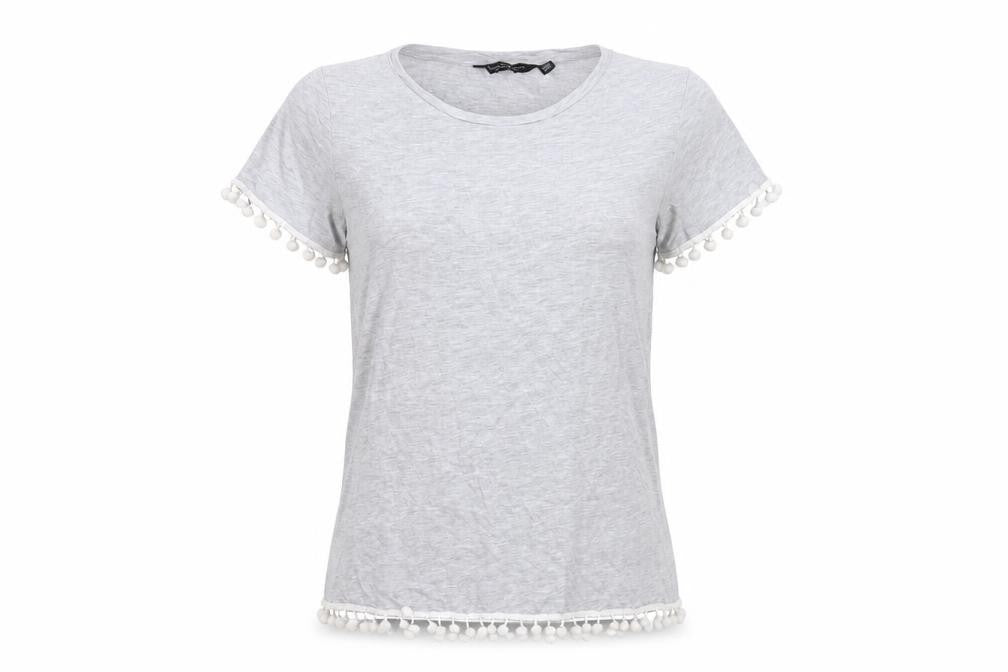 Dorothy Perkins Womens Grey Pom Pom Trim T-Shirt Size 14