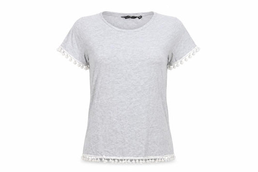 Dorothy Perkins Womens Grey Pom Pom Trim T-Shirt Size 14