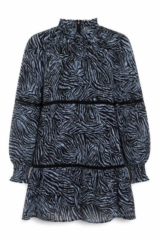 Front view of Michael Kors Women Blue Animal Print Silk Blend Shift Dress S