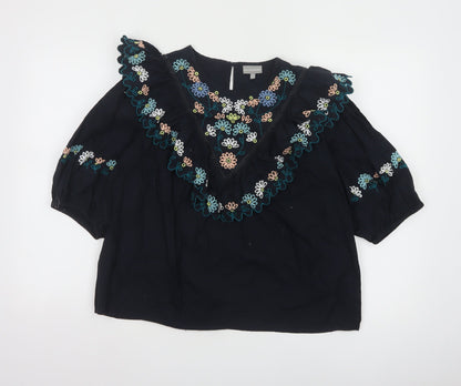 Oliver Bonas Women Black Embroidered 3/4 Sleeve Cotton Tunic Blouse UK14