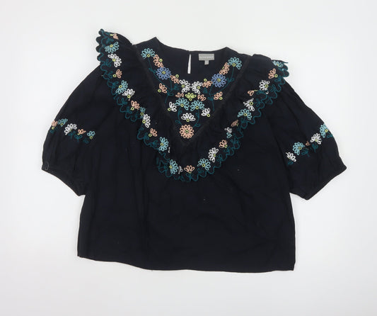 Oliver Bonas Women Black Embroidered 3/4 Sleeve Cotton Tunic Blouse UK14