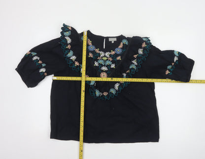 Oliver Bonas Women Black Embroidered 3/4 Sleeve Cotton Tunic Blouse UK14