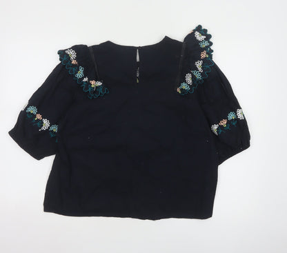 Oliver Bonas Women Black Embroidered 3/4 Sleeve Cotton Tunic Blouse UK14