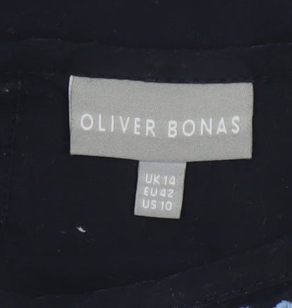 Oliver Bonas Women Black Embroidered 3/4 Sleeve Cotton Tunic Blouse UK14