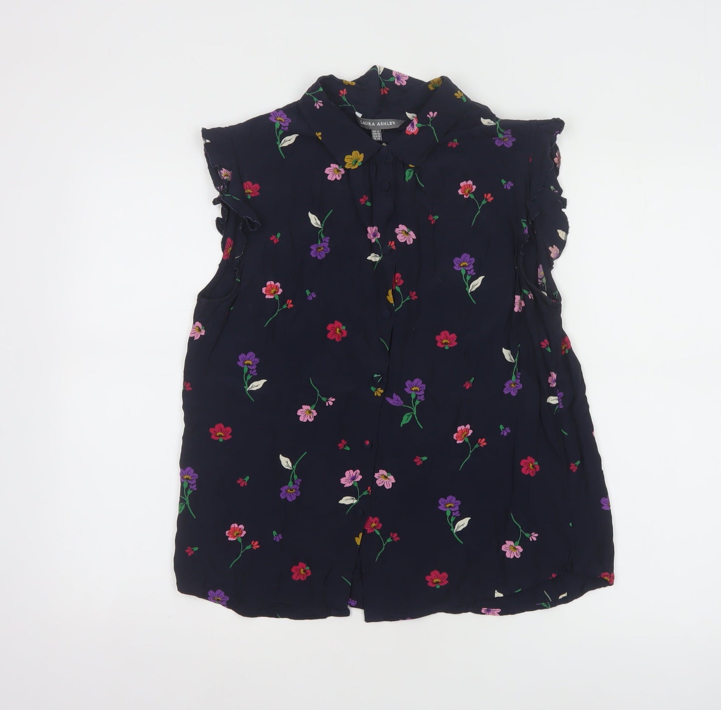 Laura Ashley Women's Blue Floral Sleeveless Collared Tunic Blouse Size 14