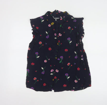 Laura Ashley Women's Blue Floral Sleeveless Collared Tunic Blouse Size 14