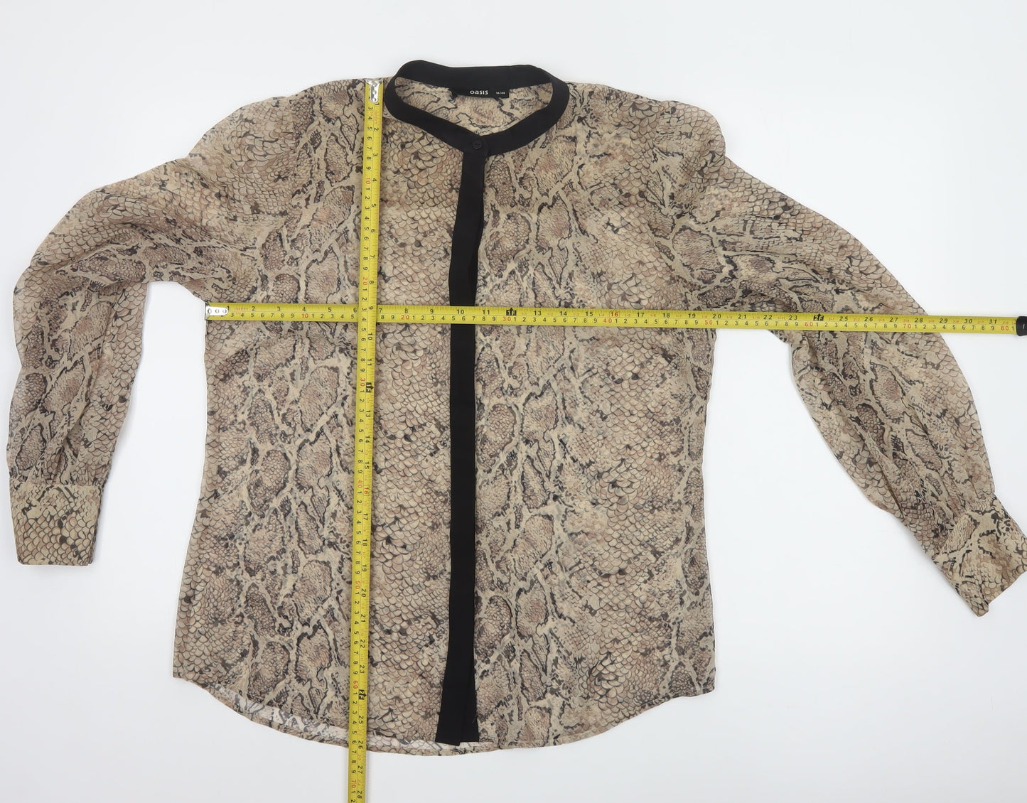 Oasis Women Beige Animal Print Long Sleeve Chiffon Blouse Size 14
