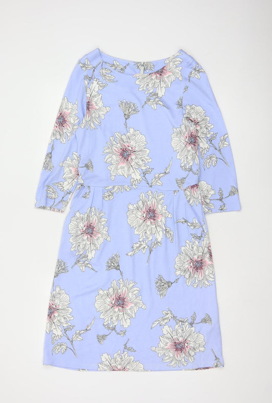 Joules Women Blue Floral Shift Dress Size 12 Knee Length 3/4 Sleeve