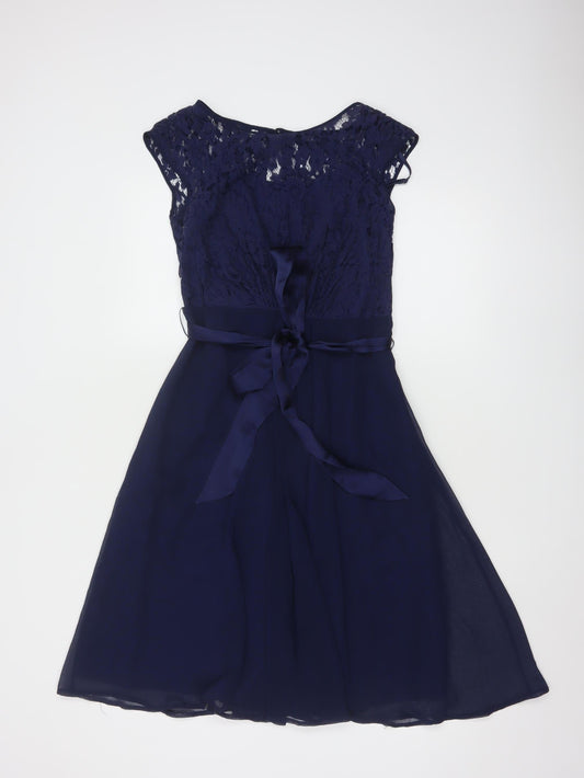 Coast Women Blue Knee Length Lace Chiffon A-Line Dress Size 8