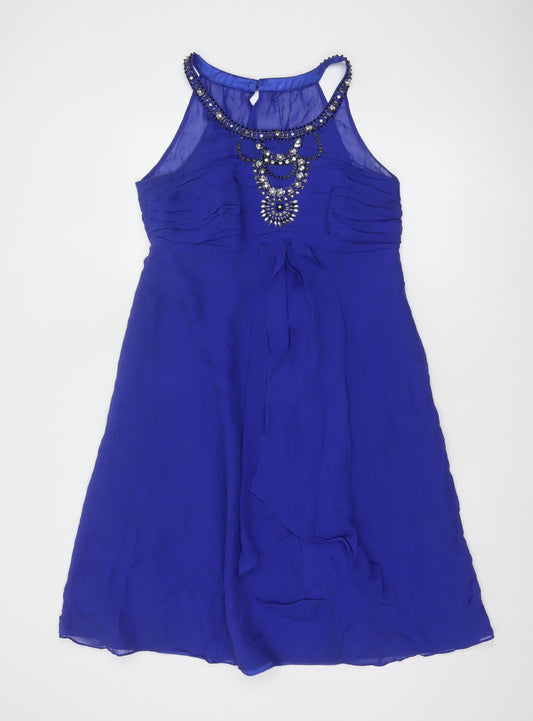 Monsoon Women Blue Silk Beaded Halter A-Line Dress Size 14
