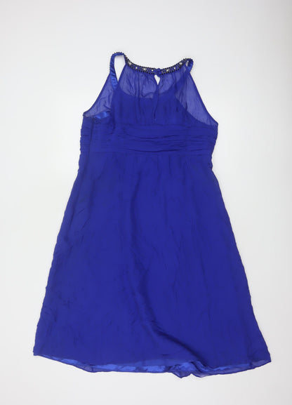 Monsoon Women Blue Silk Beaded Halter A-Line Dress Size 14