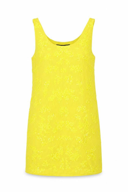 Front view of French Connection Women's Yellow Sequin Shift Dress, size 14