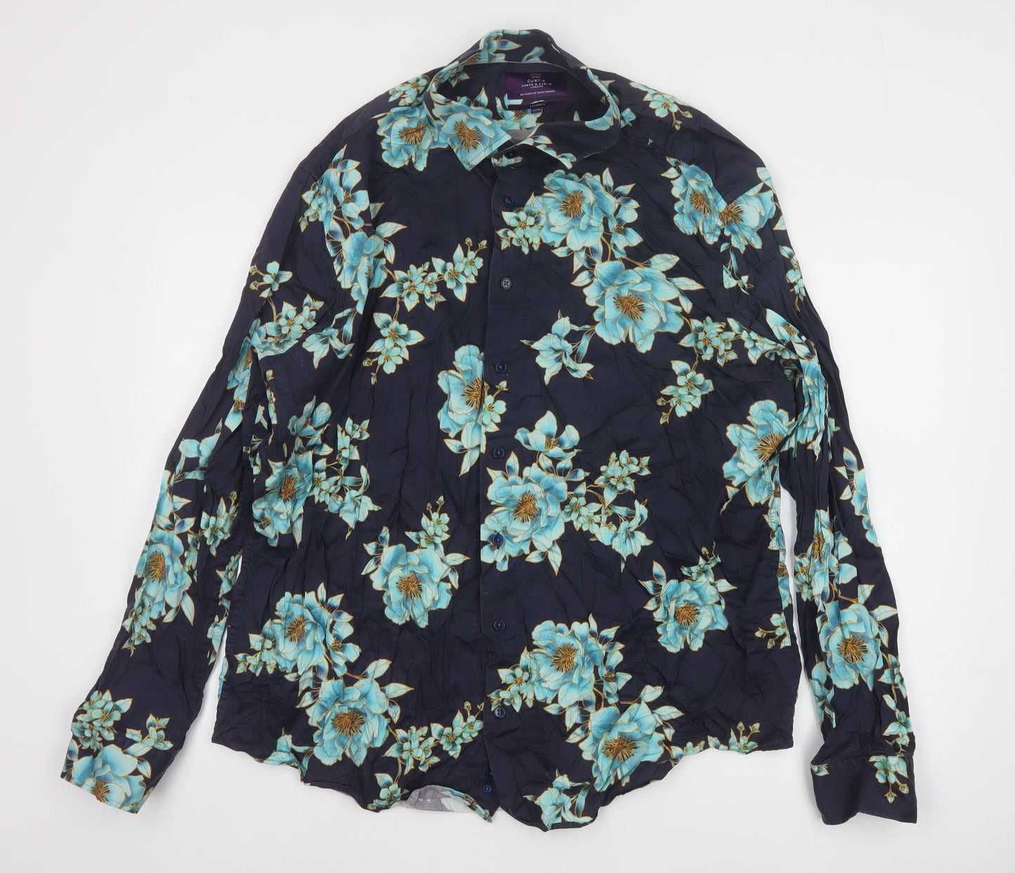 Hawes & Curtis Mens Navy Blue Floral Long Sleeve Button-Up Shirt XXXL