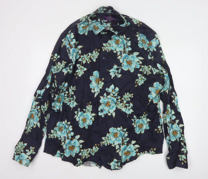 Hawes & Curtis Mens Navy Blue Floral Long Sleeve Button-Up Shirt XXXL