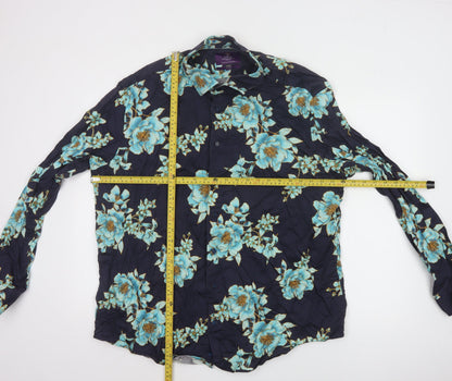 Hawes & Curtis Mens Navy Blue Floral Long Sleeve Button-Up Shirt XXXL