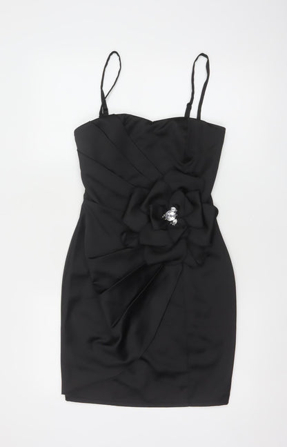 Lipsy Women Black Size 8 Bodycon Satin Flower Detail Party Dress