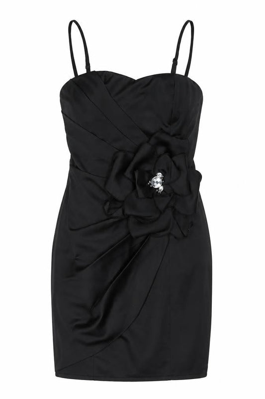 Lipsy Women Black Size 8 Bodycon Satin Flower Detail Party Dress