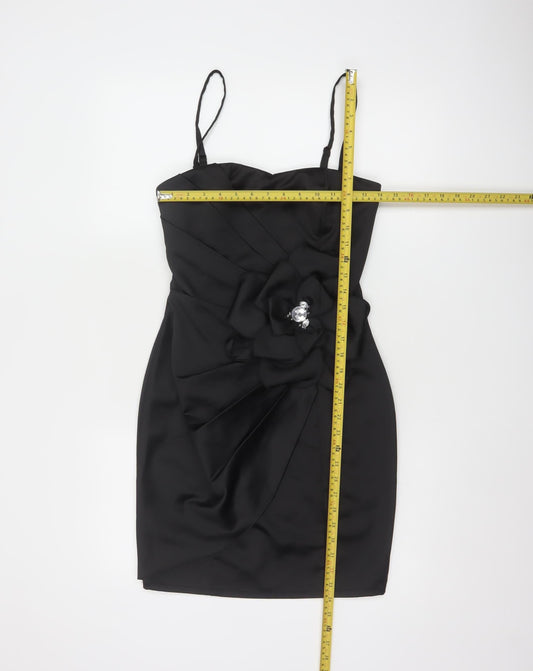 Lipsy Women Black Size 8 Bodycon Satin Flower Detail Party Dress