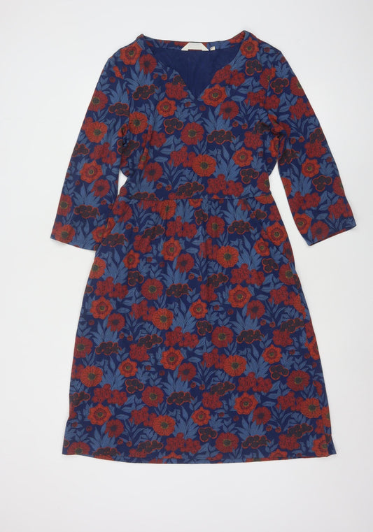Seasalt Cornwall Women's Blue Red Floral Knee Length A-Line Cotton Dress Size 10