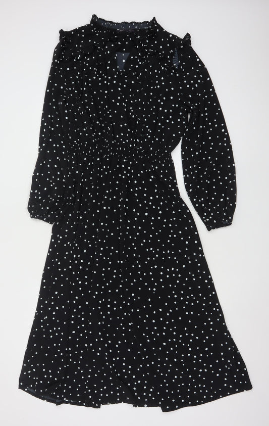 Marks and Spencer Women's Black Polka Dot Midi A-Line Dress Size 14