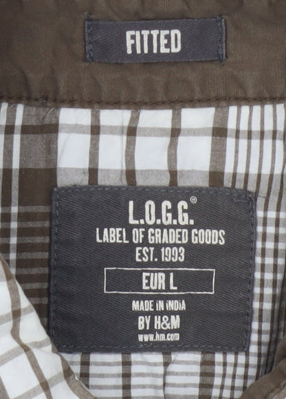 H&M L.O.G.G. Men's Brown Check Cotton Short Sleeve Slim Fit Shirt L