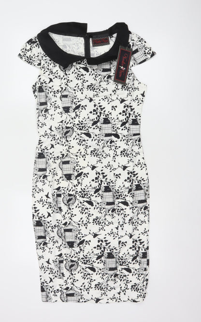 Voodoo Vixen Women’s Black White Birdcage Print Collared Sheath Dress M