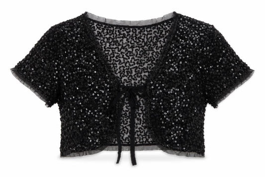 Front view of Red Herring Women's Black Sequin Cropped Blouse, size M, Party Top