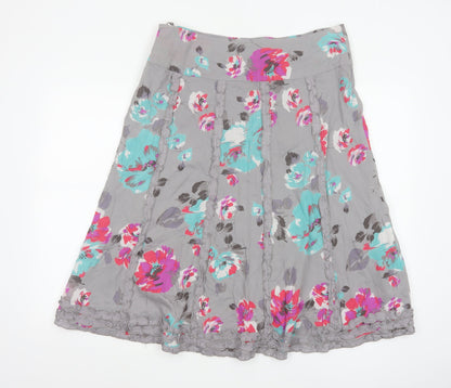 Monsoon Women Grey Floral A-Line Cotton Skirt Size 14