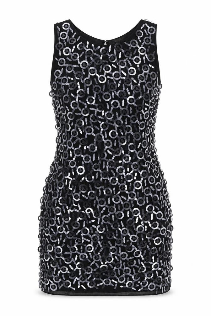 Front view of ASOS Women’s Black Sequin Bodycon Short Dress, size UK 8, Party Wear