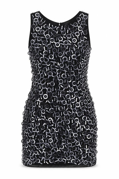 Front view of ASOS Women’s Black Sequin Bodycon Short Dress, size UK 8, Party Wear