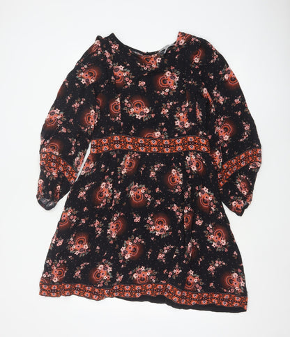 Oliver Bonas Womens Black Floral A-Line Dress Size 10 Long Sleeve