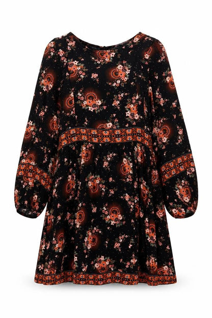 Oliver Bonas Womens Black Floral A-Line Dress Size 10 Long Sleeve