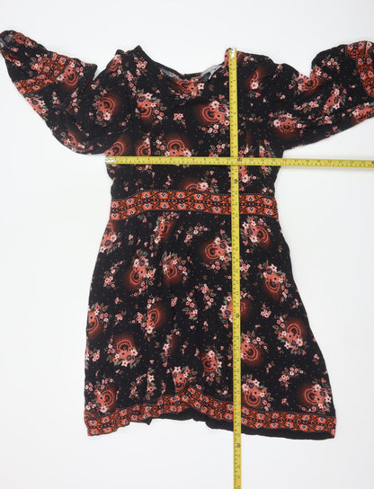 Oliver Bonas Womens Black Floral A-Line Dress Size 10 Long Sleeve