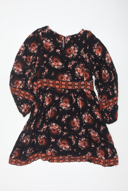 Oliver Bonas Womens Black Floral A-Line Dress Size 10 Long Sleeve