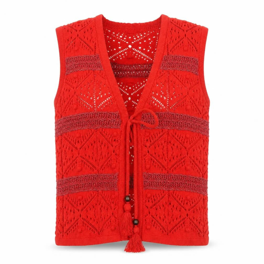 Marks & Spencer Women Red Knit Bohemian Sleeveless Tie Blouse Size S