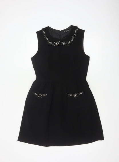 Warehouse Women Black Size 12 A-Line Sleeveless Embellished Dress