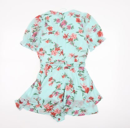Quiz Women’s Blue Floral Short Wrap Dress Size 6 Belted Ruffle Chiffon