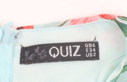 Quiz Women’s Blue Floral Short Wrap Dress Size 6 Belted Ruffle Chiffon