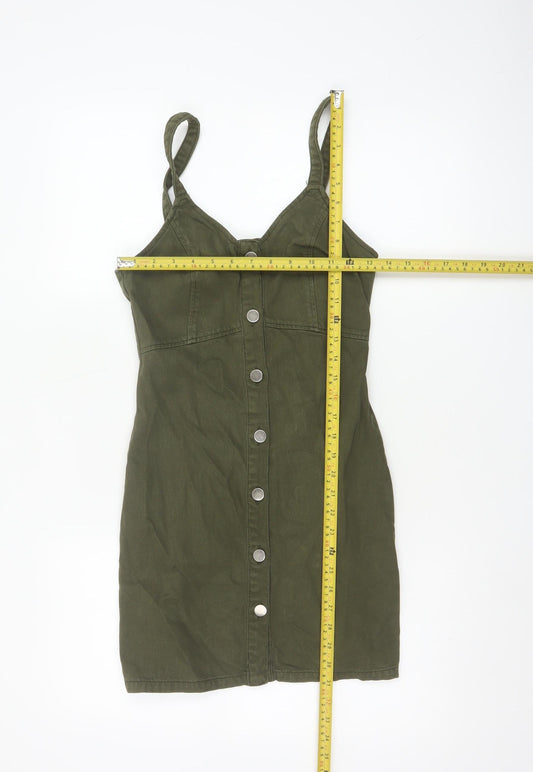 Topshop Women Green Cotton Button Front Pinafore Dress UK 6