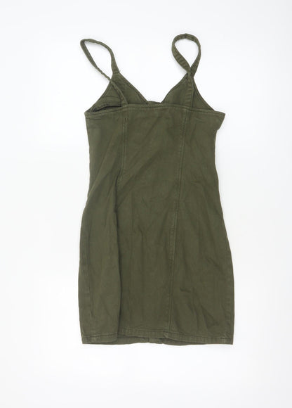 Topshop Women Green Cotton Button Front Pinafore Dress UK 6